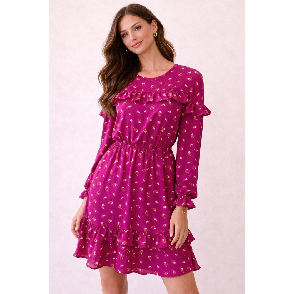 CeCe- Pink and Red Floral Midi Dress‎ Size S